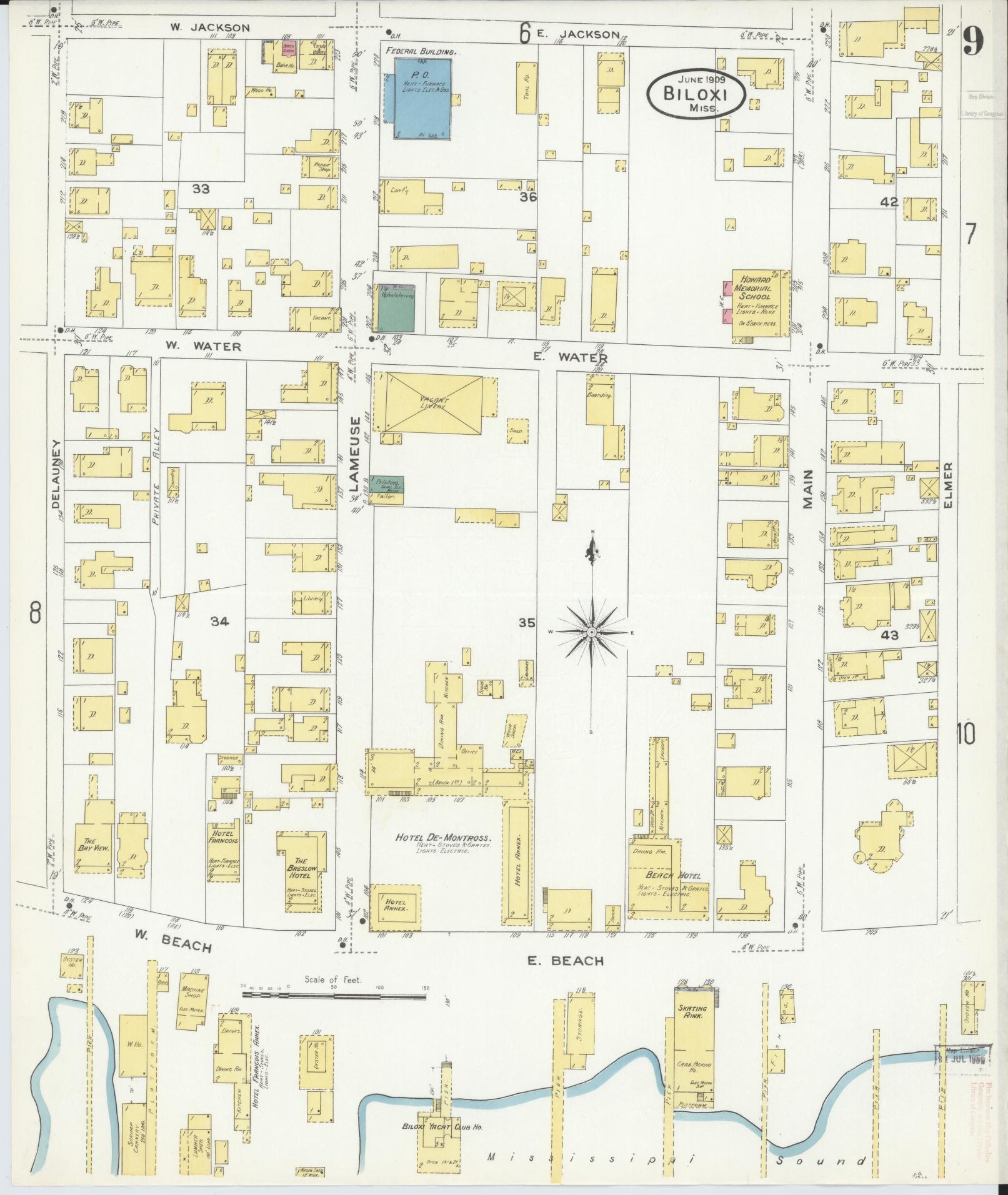 Sanborn Fire Insurance Map from Biloxi, Harrison County, Mississippi (1909), Sheet #0009 - Historic Sanborn Fire Insurance Map Print, vintage old map wall art, antique decor, genealogy gift, Mississippi Mississippi map