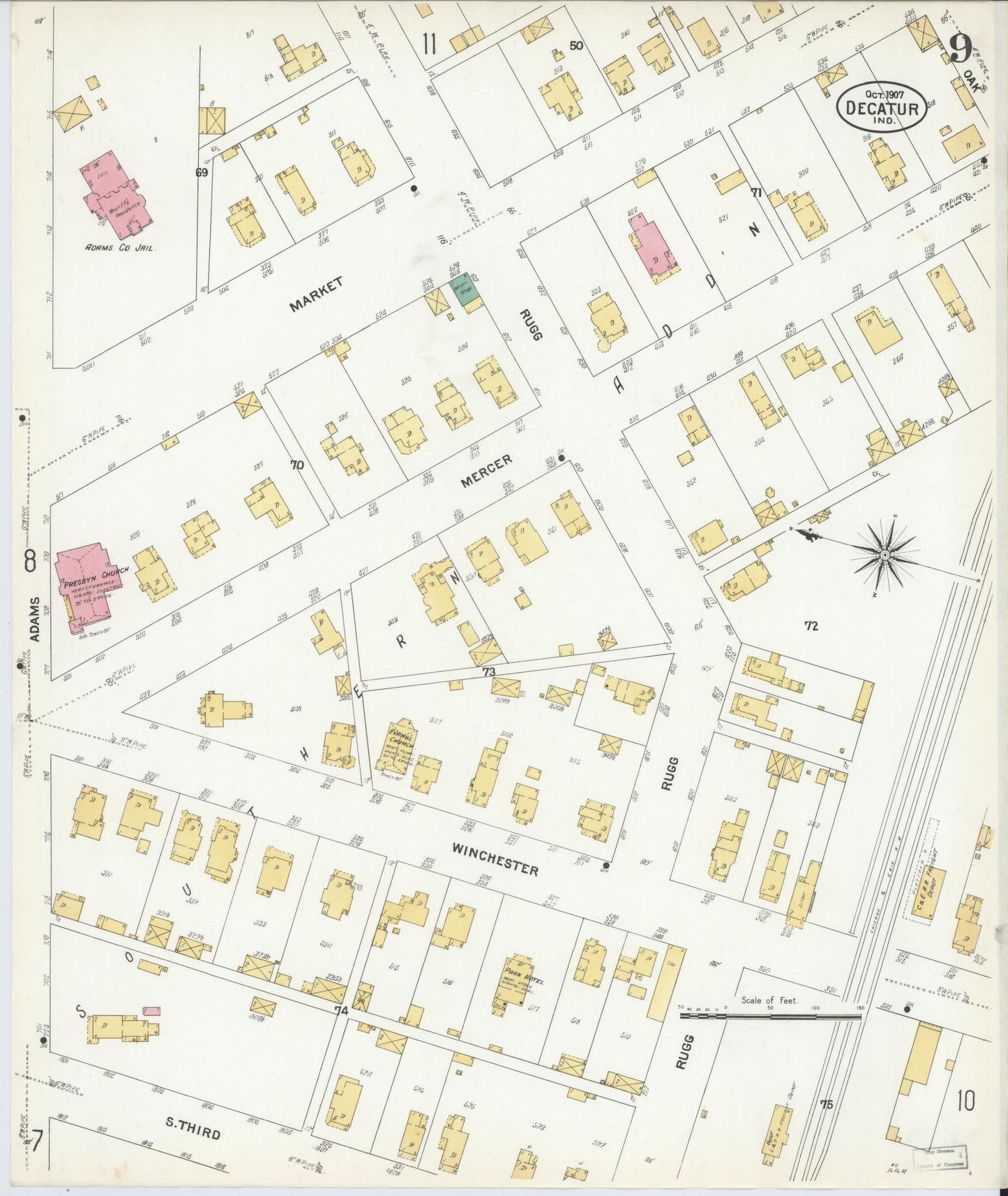 Sanborn Fire Insurance Map from Decatur, Adams County, Indiana (1907), Sheet #0009 - Complete Map Set gallery image, historic Sanborn map, vintage wall art, Indiana Indiana
