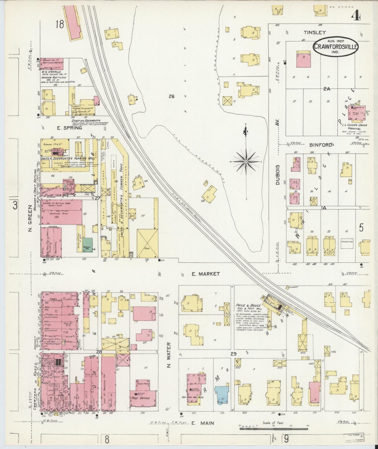 Sanborn Fire Insurance Map from Crawfordsville, Montgomery County, Indiana (1907), Sheet #0004 - Complete Map Set gallery image, historic Sanborn map, vintage wall art, Indiana Indiana