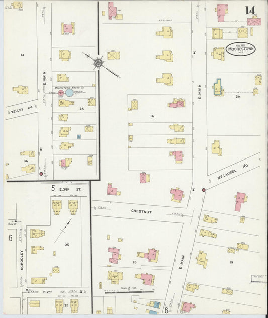 Sanborn Fire Insurance Map from Moorestown, Burlington County, New Jersey (1911), Sheet #0014 - Historic Sanborn Fire Insurance Map Print, vintage old map wall art, antique decor, genealogy gift, New Jersey New Jersey map