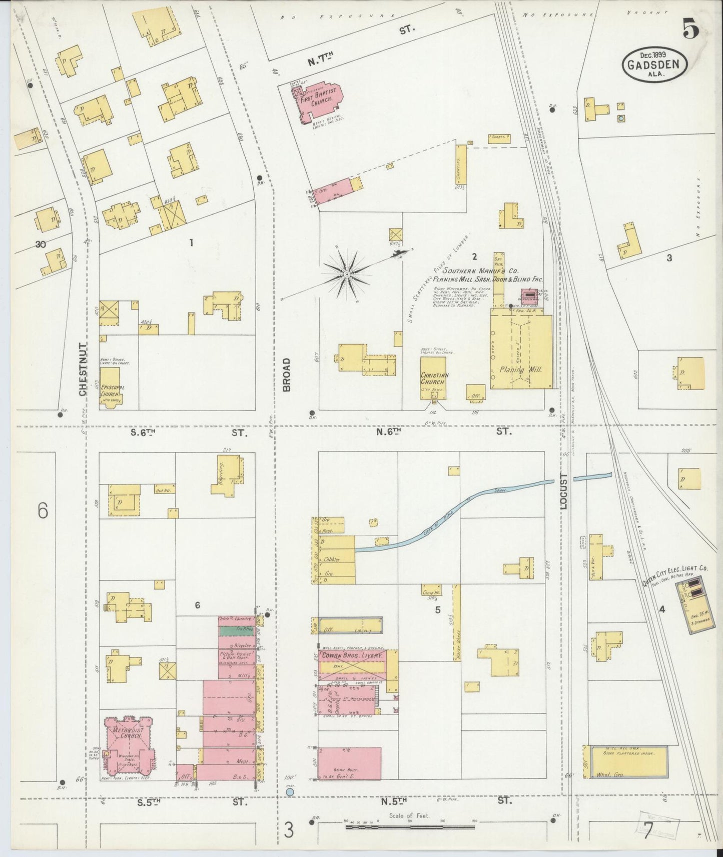 Sanborn Fire Insurance Map from Gadsden, Etowah County, Alabama (1899), Sheet #0005 - Complete Map Set gallery image, historic Sanborn map, vintage wall art, Alabama Alabama