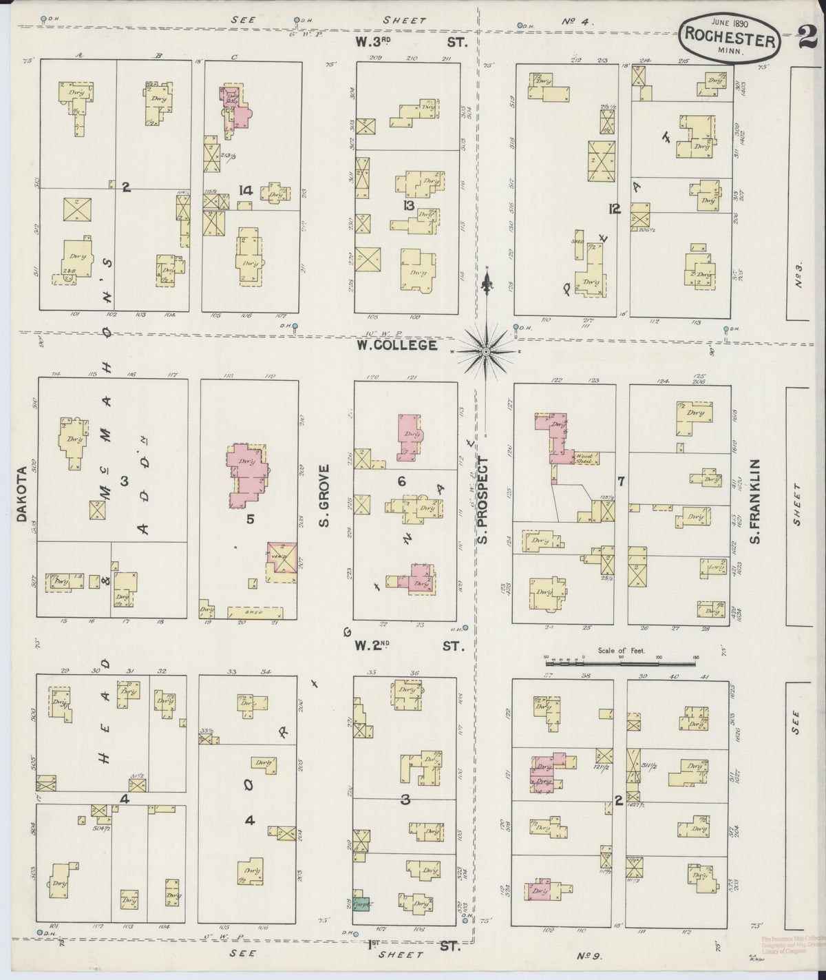 Sanborn Fire Insurance Map from Rochester, Olmsted County, Minnesota (1890), Sheet #0002 - Historic Sanborn Fire Insurance Map Print, vintage old map wall art, antique decor, genealogy gift, Minnesota Minnesota map