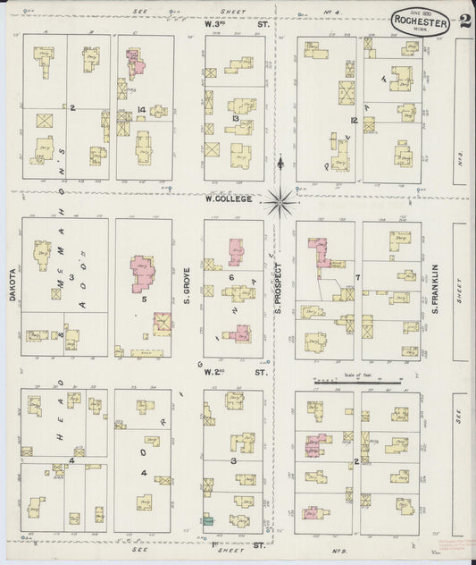 Sanborn Fire Insurance Map from Rochester, Olmsted County, Minnesota (1890), Sheet #0002 - Historic Sanborn Fire Insurance Map Print, vintage old map wall art, antique decor, genealogy gift, Minnesota Minnesota map
