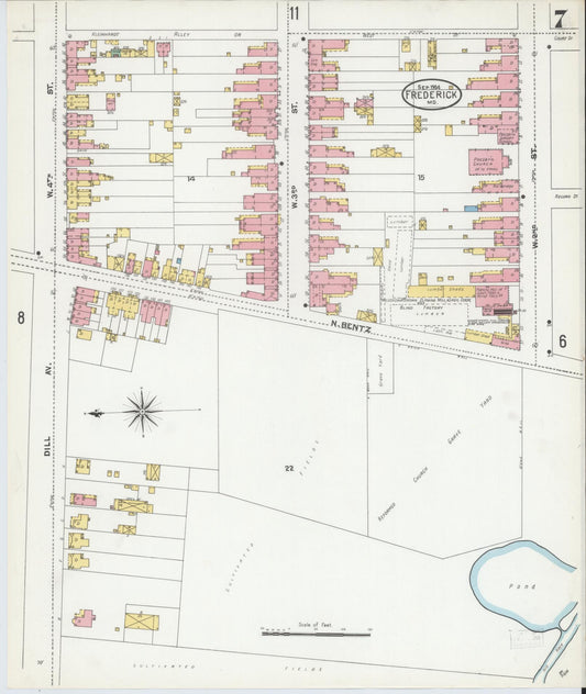 Sanborn Fire Insurance Map from Frederick, Frederick County, Maryland (1904), Sheet #0007 - Historic Sanborn Fire Insurance Map Print, vintage old map wall art, antique decor, genealogy gift, Maryland Maryland map