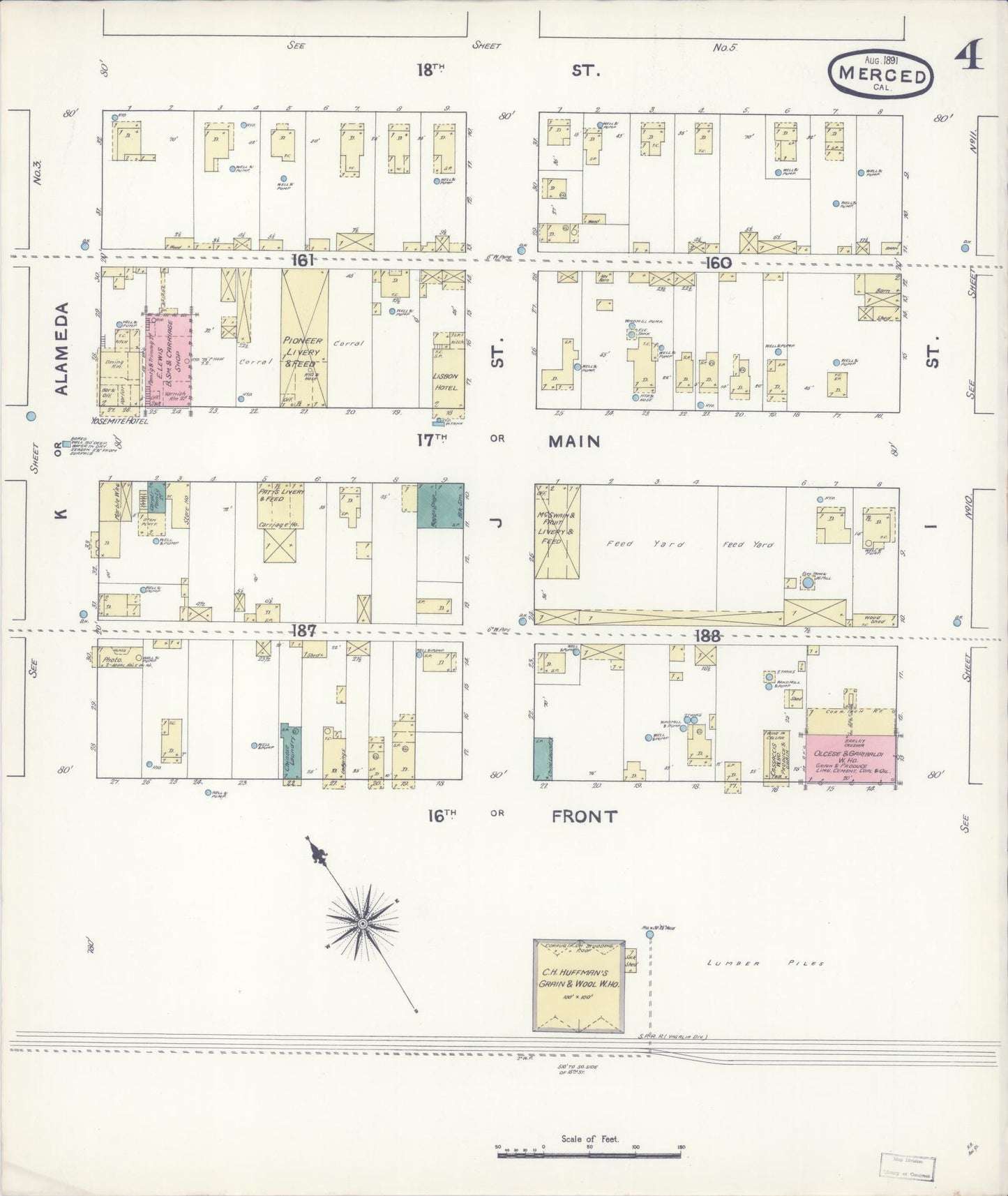Sanborn Fire Insurance Map from Merced, Merced County, California (1891), Sheet #0004 - Historic Sanborn Fire Insurance Map Print, vintage old map wall art, antique decor, genealogy gift, California California map