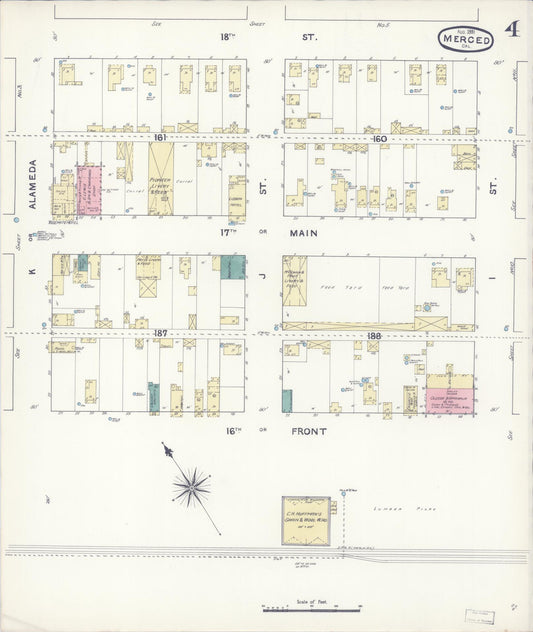 Sanborn Fire Insurance Map from Merced, Merced County, California (1891), Sheet #0004 - Historic Sanborn Fire Insurance Map Print, vintage old map wall art, antique decor, genealogy gift, California California map