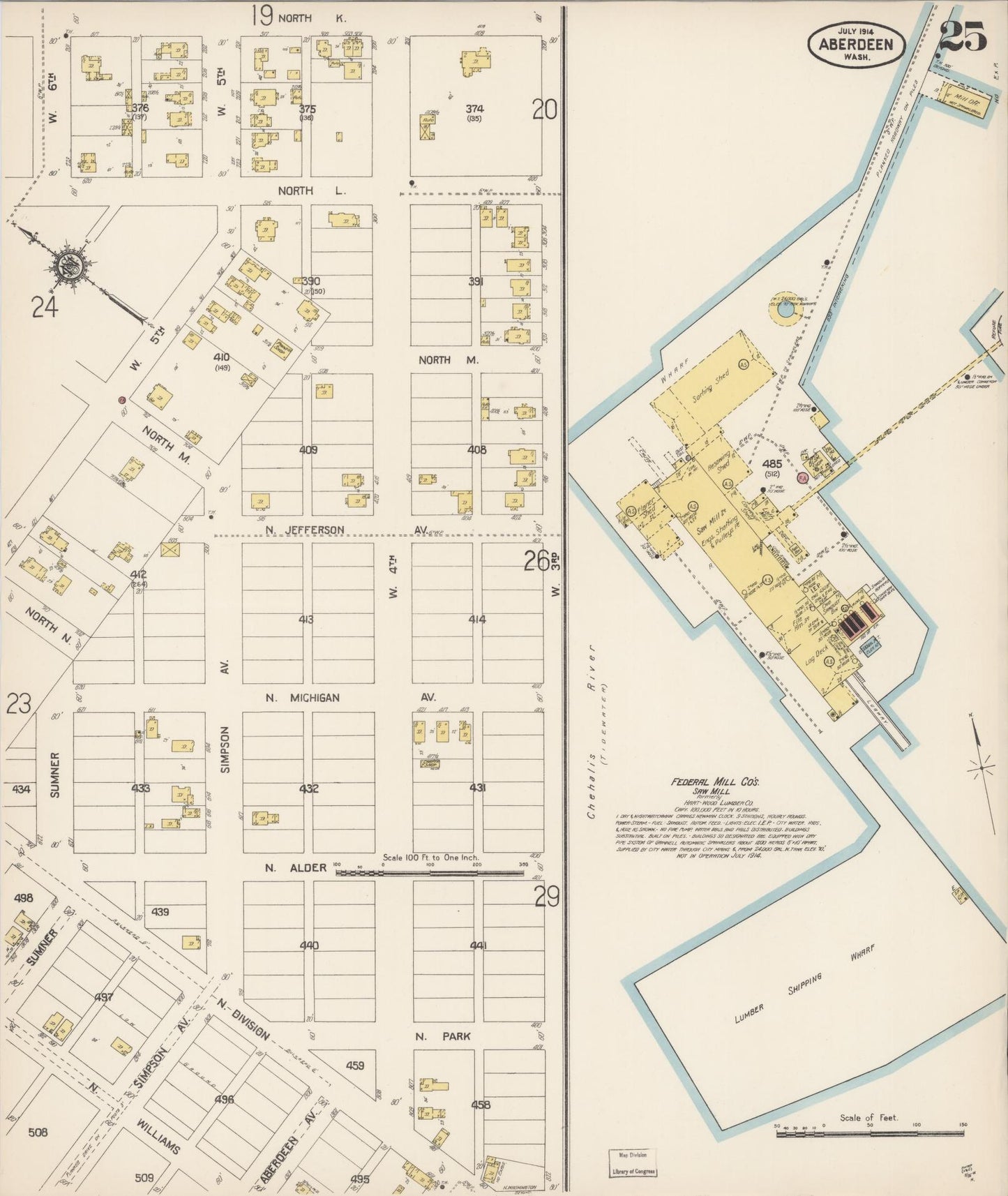 Sanborn Fire Insurance Map from Aberdeen, Grays Harbor County, Washington (1914), Sheet #0025 - Historic Sanborn Fire Insurance Map Print, vintage old map wall art, antique decor, genealogy gift, Washington Washington map