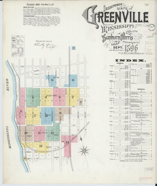 Sanborn Fire Insurance Map from Greenville, Washington County, Mississippi (1896), Sheet #0001 - Historic Sanborn Fire Insurance Map Print, vintage old map wall art, antique decor, genealogy gift, Mississippi Mississippi map