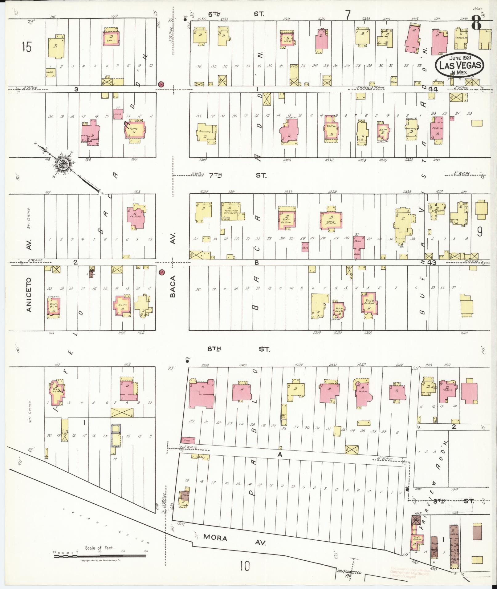 Sanborn Fire Insurance Map from Las Vegas, San Miguel County, New Mexico (1921), Sheet #0008 - Complete Map Set gallery image, historic Sanborn map, vintage wall art, New Mexico New Mexico