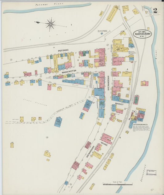 Sanborn Fire Insurance Map from Harpers Ferry, Jefferson County, West Virginia (1907), Sheet #0002 - Historic Sanborn Fire Insurance Map Print, vintage old map wall art, antique decor, genealogy gift, West Virginia West Virginia map