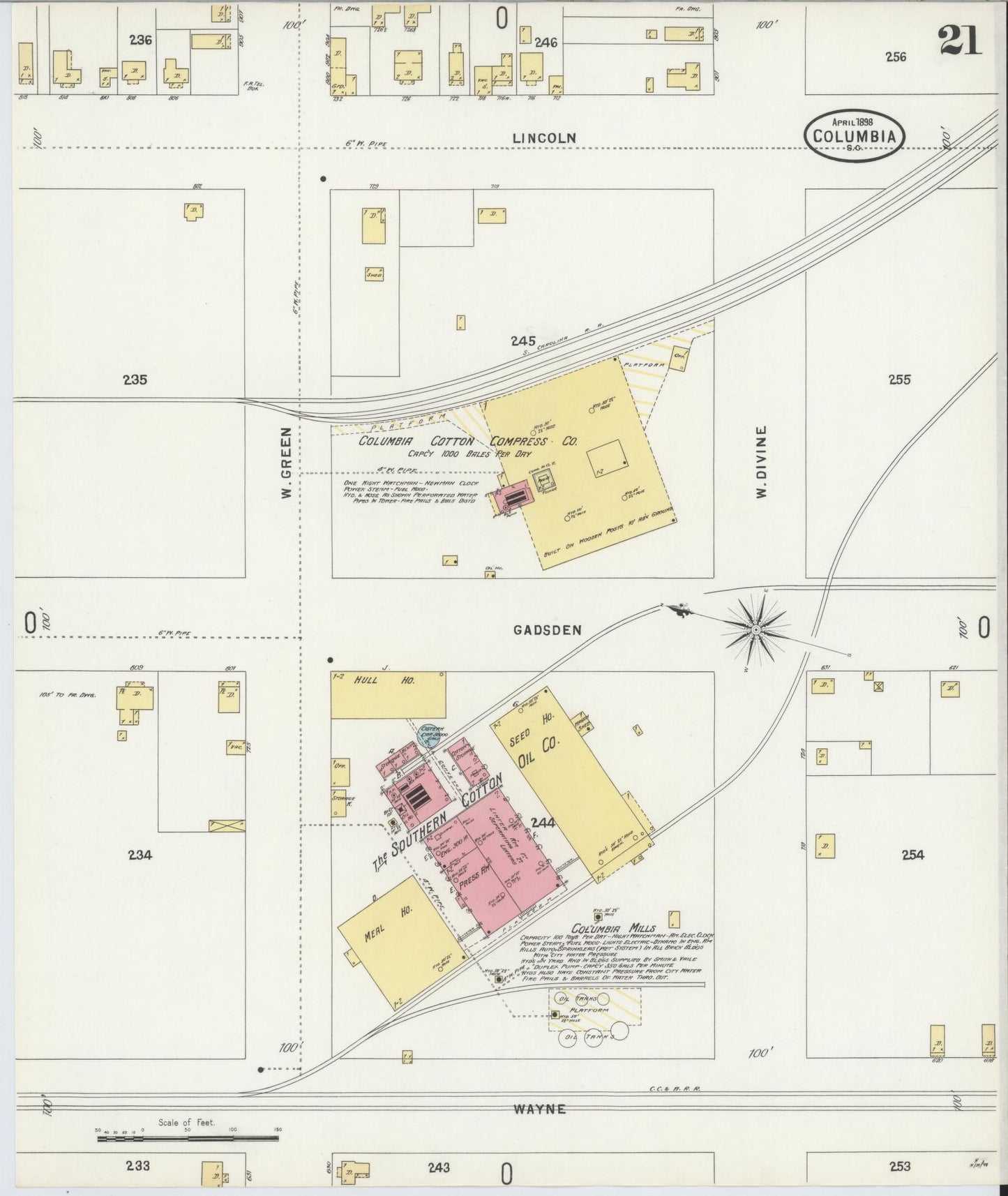 Sanborn Fire Insurance Map from Columbia, Richland County, South Carolina (1898), Sheet #0021 - Historic Sanborn Fire Insurance Map Print, vintage old map wall art, antique decor, genealogy gift, South Carolina South Carolina map
