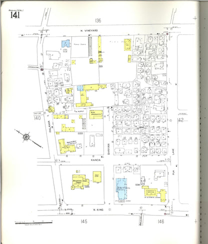 Sanborn Fire Insurance Map from Honolulu, Oahu County, Hawaii (1955), Sheet #0141 - Historic Sanborn Fire Insurance Map Print, vintage old map wall art