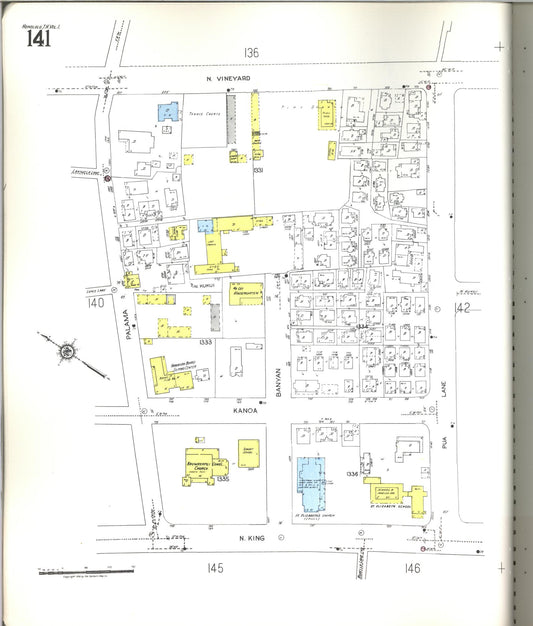Sanborn Fire Insurance Map from Honolulu, Oahu County, Hawaii (1955), Sheet #0141 - Historic Sanborn Fire Insurance Map Print, vintage old map wall art