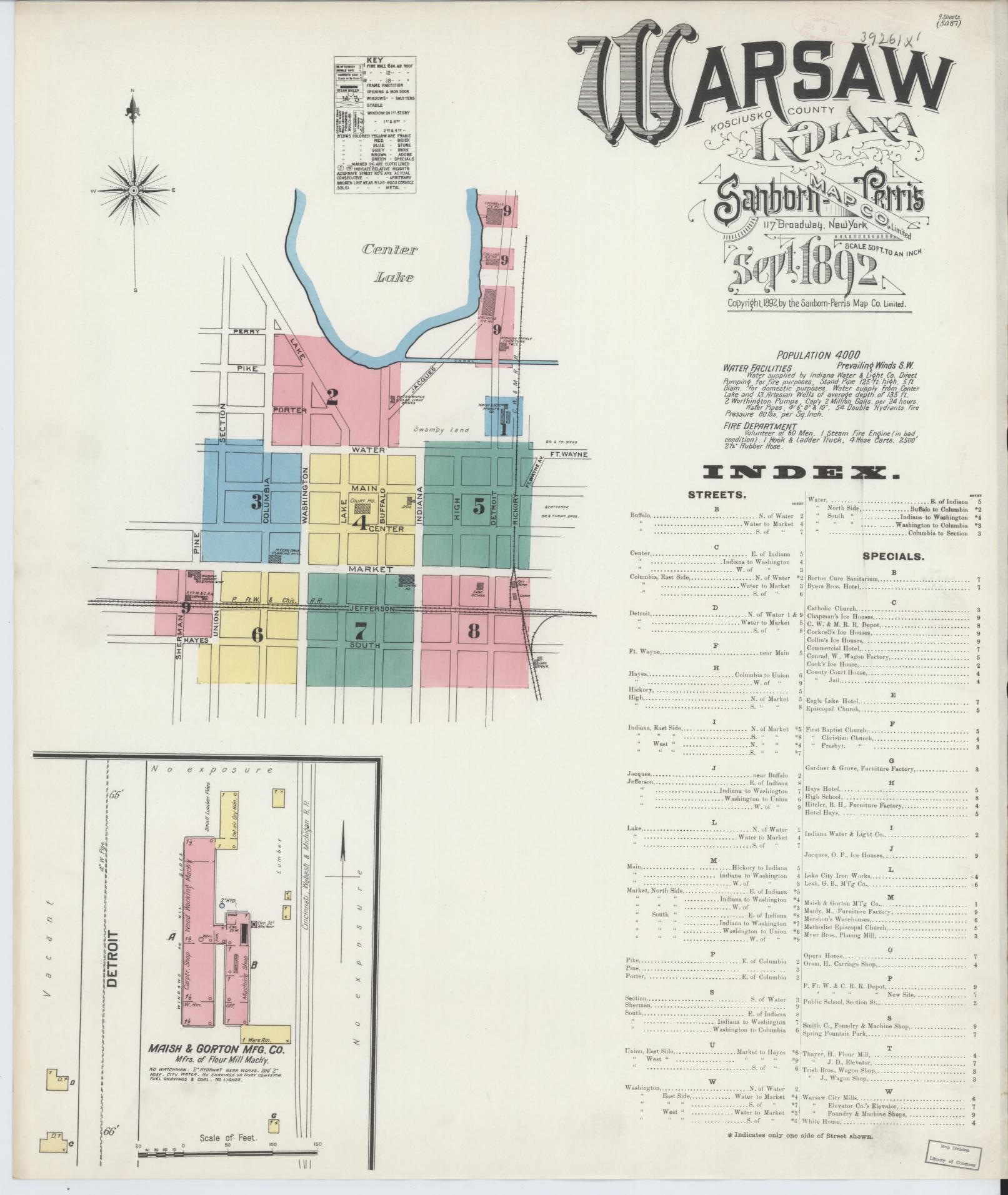 Sanborn Fire Insurance Map from Warsaw, Kosciusko County, Indiana (1892), Sheet #0001 - Complete Map Set gallery image, historic Sanborn map, vintage wall art, Indiana Indiana