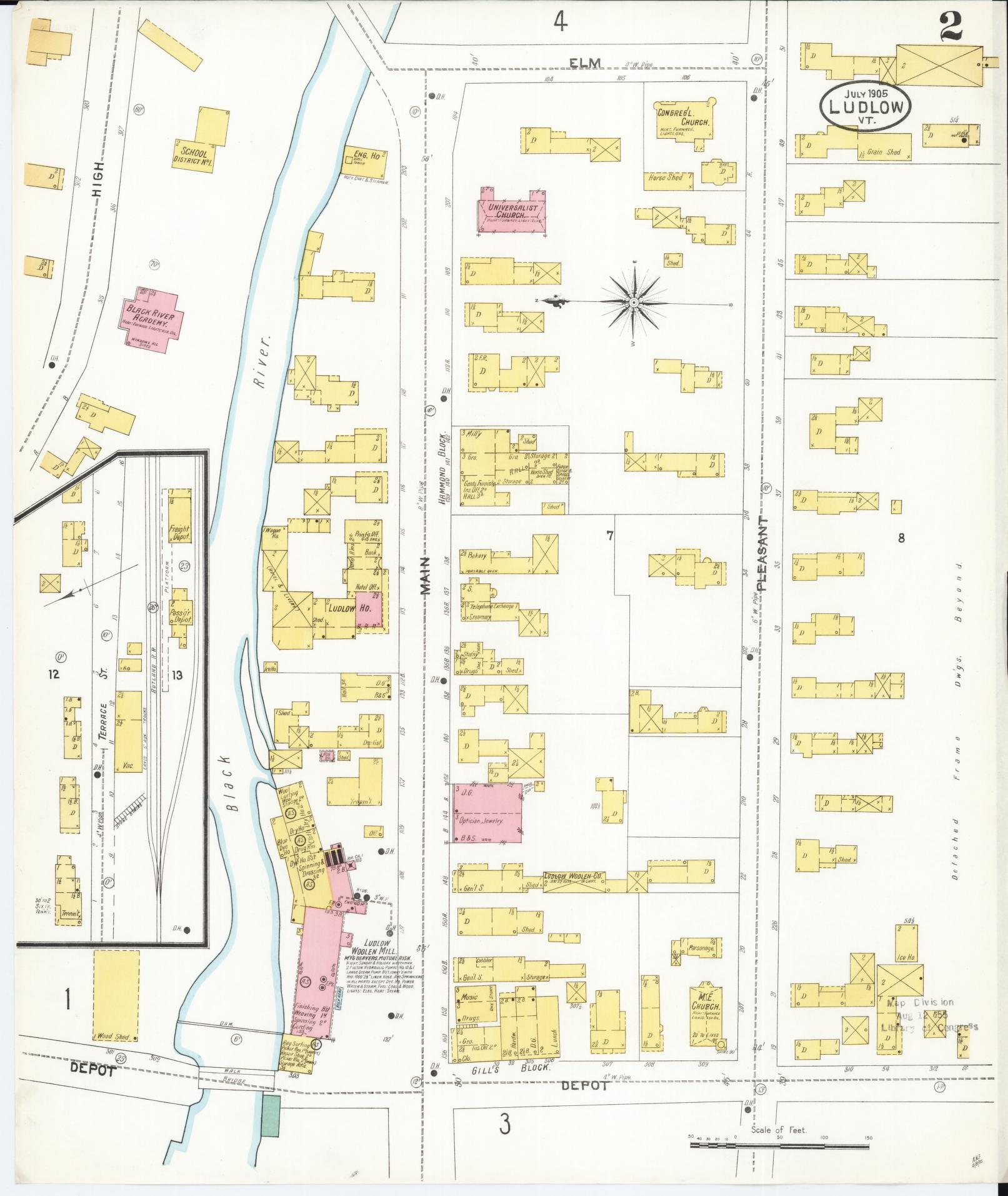 Sanborn Fire Insurance Map from Ludlow, Windsor County, Vermont (1905), Sheet #0002 - Complete Map Set gallery image, historic Sanborn map, vintage wall art, Vermont Vermont
