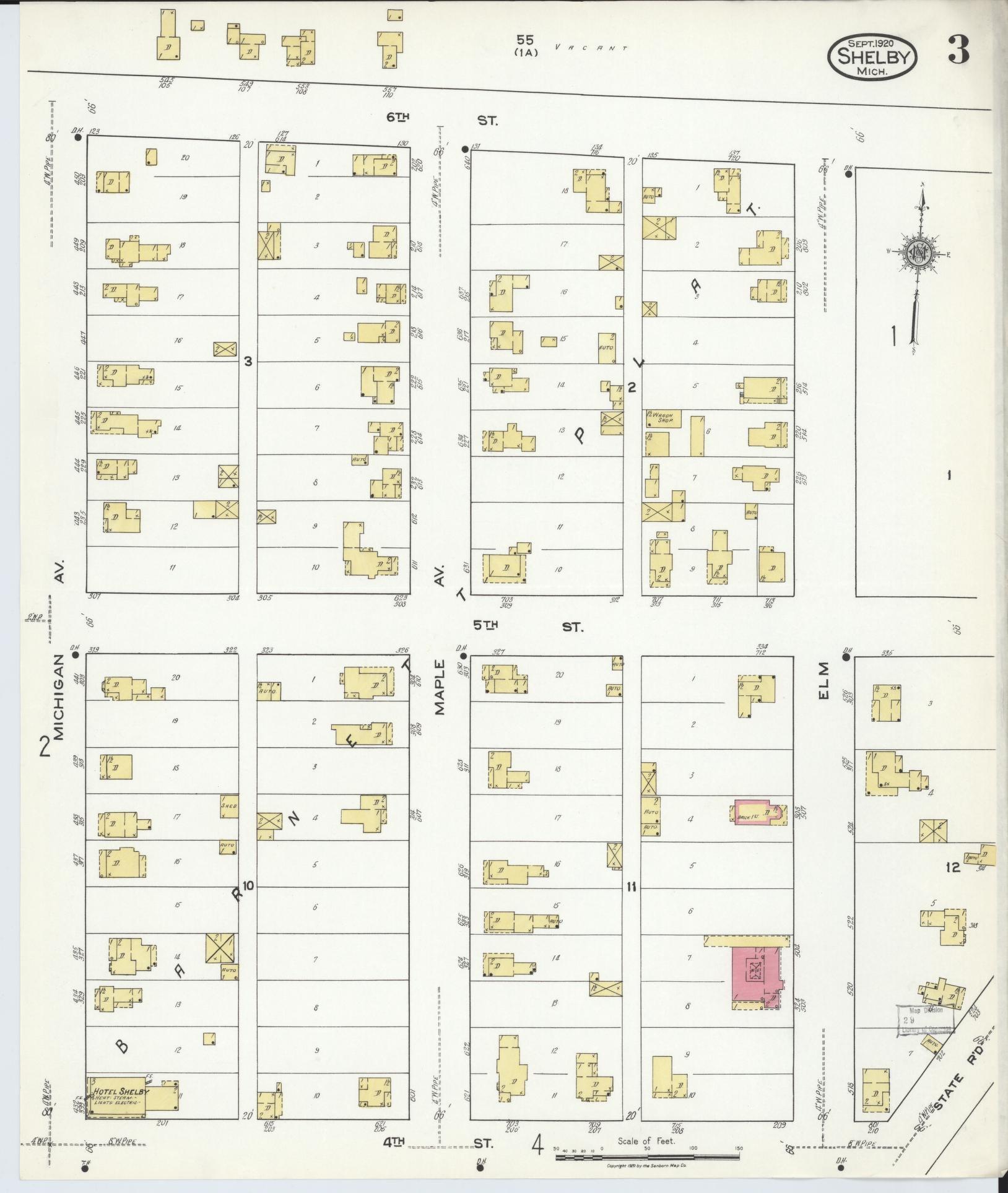 Sanborn Fire Insurance Map from Shelby, Oceana County, Michigan (1920), Sheet #0003 - Complete Map Set gallery image, historic Sanborn map, vintage wall art, Michigan Michigan
