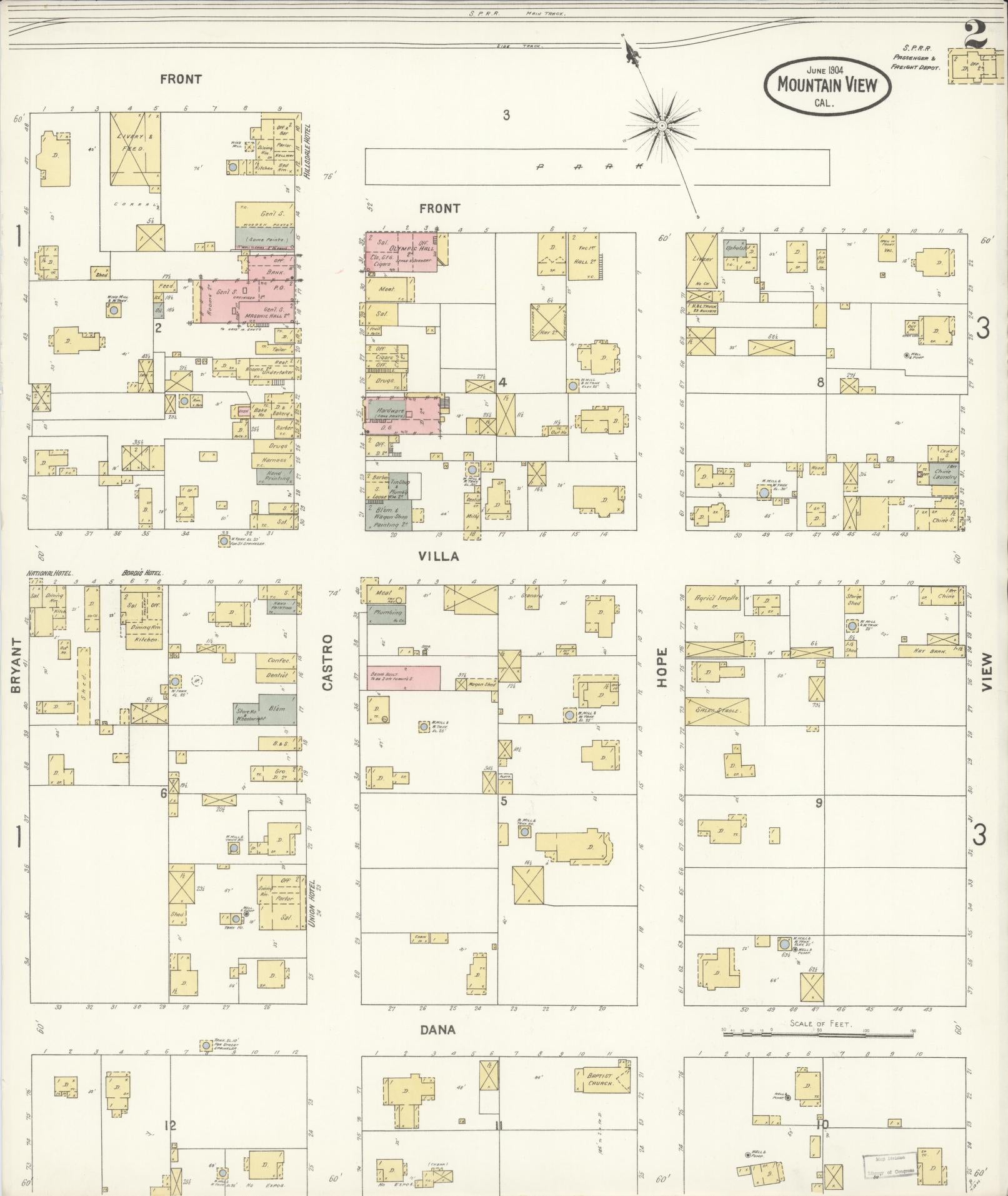 Sanborn Fire Insurance Map from Mountain View, Santa Clara County, California (1904), Sheet #0002 - Complete Map Set gallery image, historic Sanborn map, vintage wall art, California California