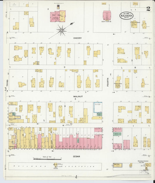 Sanborn Fire Insurance Map from Kalkaska, Kalkaska County, Michigan (1909), Sheet #0002 - Historic Sanborn Fire Insurance Map Print, vintage old map wall art, antique decor, genealogy gift, Michigan Michigan map