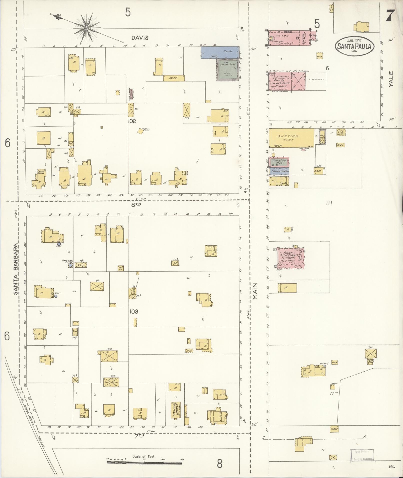 Sanborn Fire Insurance Map from Santa Paula, Ventura County, California (1907), Sheet #0007 - Complete Map Set gallery image, historic Sanborn map, vintage wall art, California California