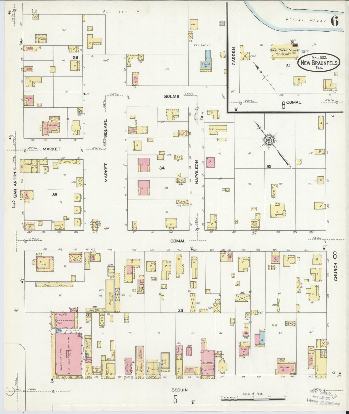 Sanborn Fire Insurance Map from New Braunfels, Comal County, Texas (1912), Sheet #0006 - Complete Map Set gallery image, historic Sanborn map, vintage wall art, Texas Texas