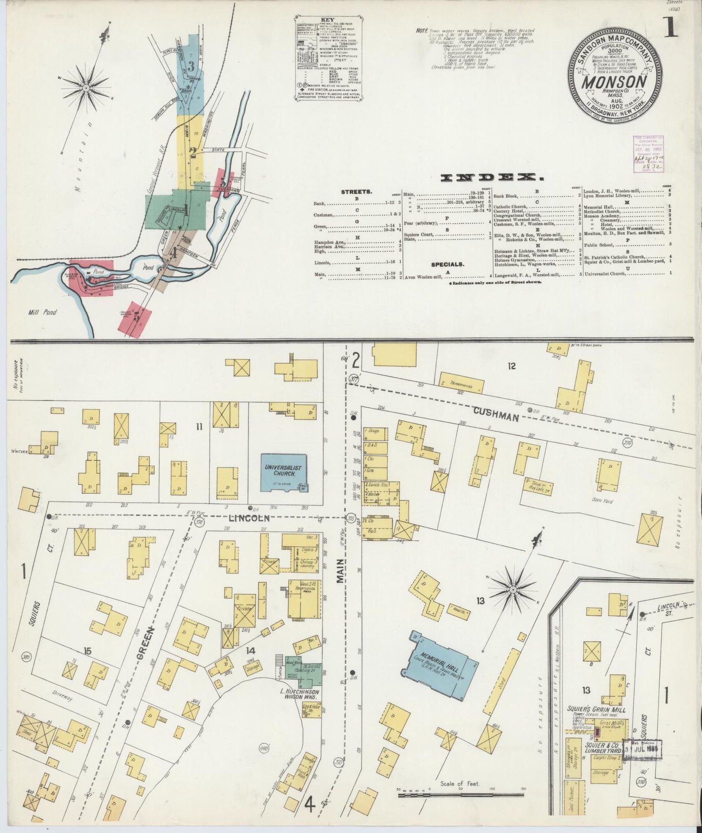 Sanborn Fire Insurance Map from Monson, Hampden County, Massachusetts (1902), Sheet #0001 - Complete Map Set gallery image, historic Sanborn map, vintage wall art, Massachusetts Massachusetts