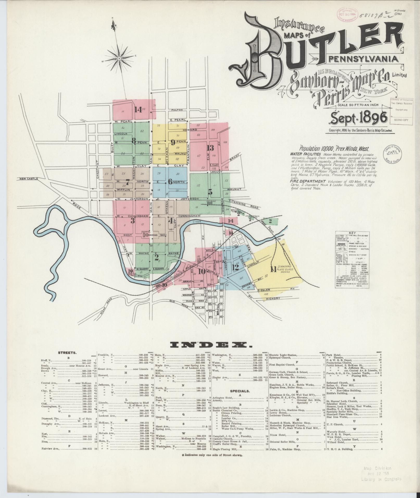 Sanborn Fire Insurance Map from Butler, Butler County, Pennsylvania (1896), Sheet #0001 - Historic Sanborn Fire Insurance Map Print, vintage old map wall art, antique decor, genealogy gift, Pennsylvania Pennsylvania map