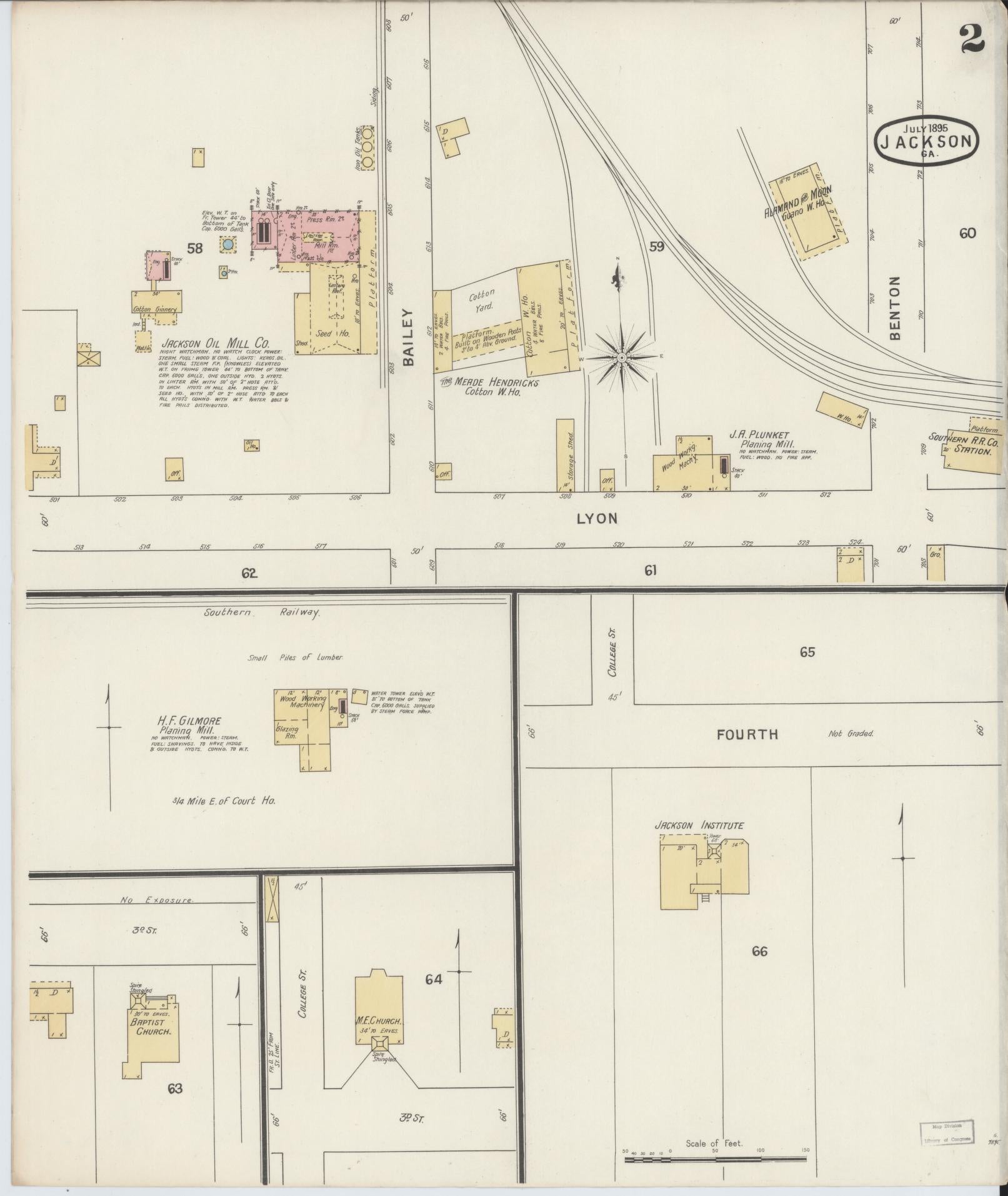 Sanborn Fire Insurance Map from Jackson, Butts County, Georgia (1895), Sheet #0002 - Historic Sanborn Fire Insurance Map Print, vintage old map wall art, antique decor, genealogy gift, Georgia Georgia map