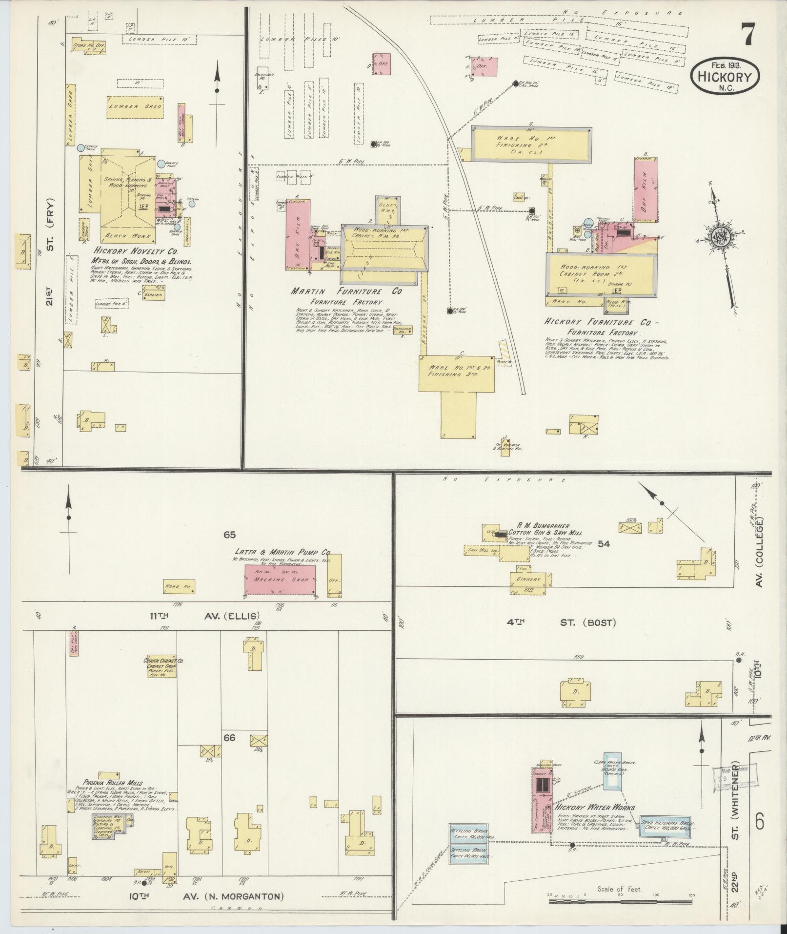 Sanborn Fire Insurance Map from Hickory, Catawba County, North Carolina (1913), Sheet #0007 - Historic Sanborn Fire Insurance Map Print, vintage old map wall art, antique decor, genealogy gift, North Carolina North Carolina map