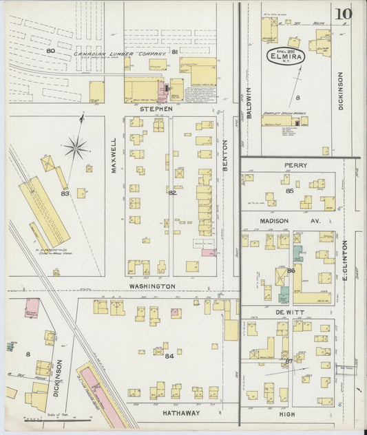 Sanborn Fire Insurance Map from Elmira, Chemung County, New York (1892), Sheet #0010 - Historic Sanborn Fire Insurance Map Print, vintage old map wall art, antique decor, genealogy gift, New York New York map