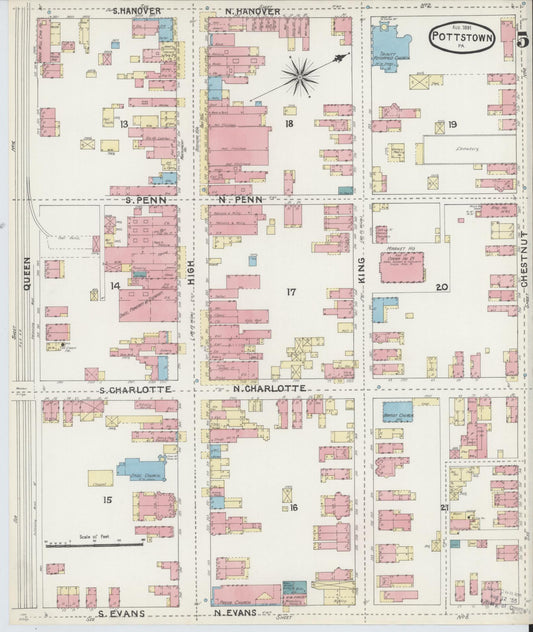 Sanborn Fire Insurance Map from Pottstown, Montgomery County, Pennsylvania (1891), Sheet #0005 - Historic Sanborn Fire Insurance Map Print, vintage old map wall art, antique decor, genealogy gift, Pennsylvania Pennsylvania map