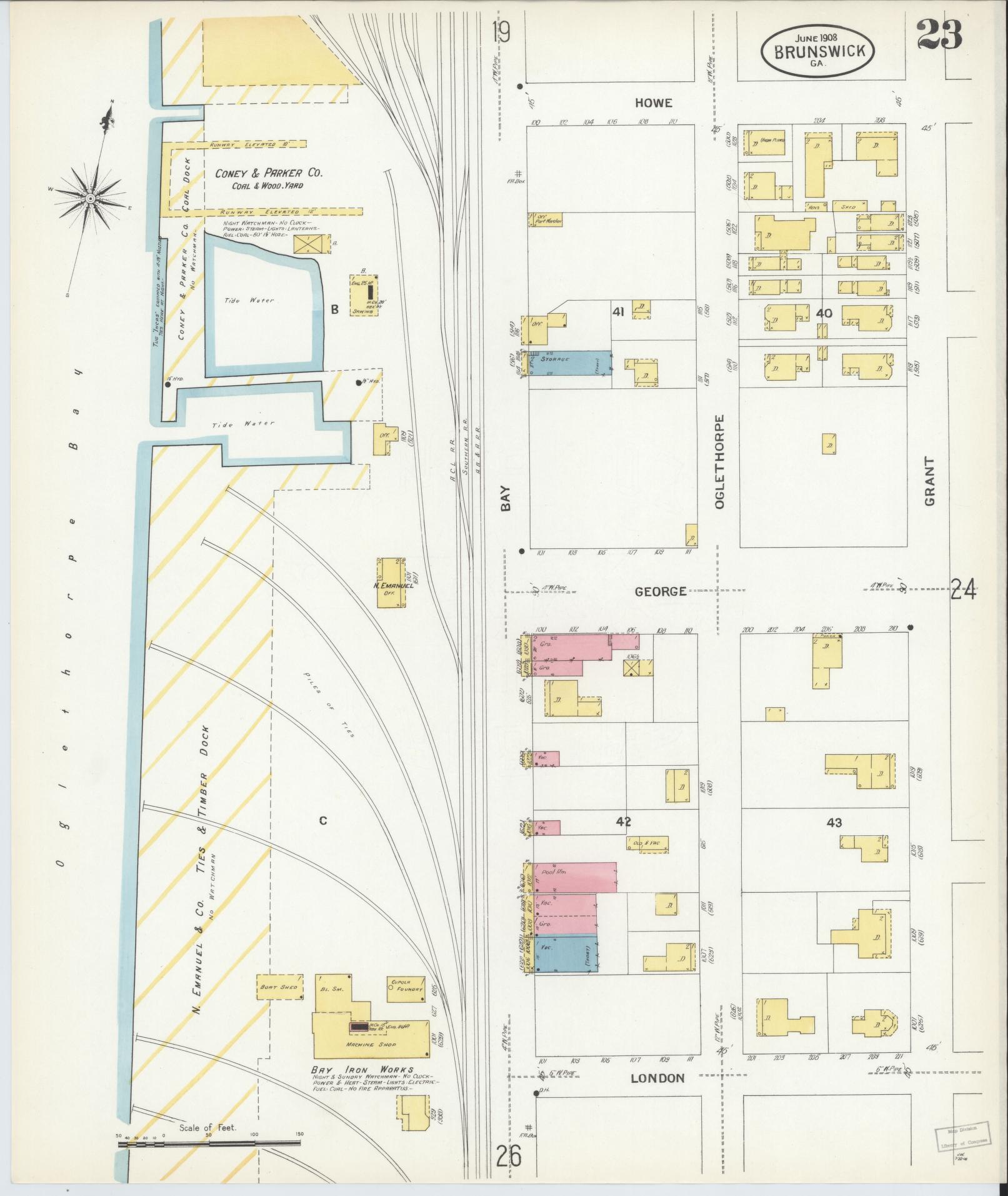 Sanborn Fire Insurance Map from Brunswick, Glynn County, Georgia (1908), Sheet #0023 - Complete Map Set gallery image, historic Sanborn map, vintage wall art, Georgia Georgia