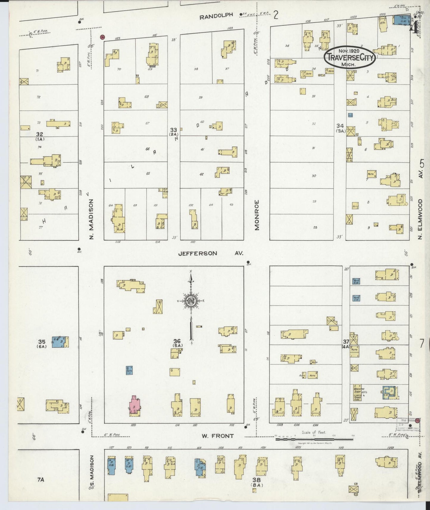 Sanborn Fire Insurance Map from Traverse City, Grand Traverse County, Michigan (1920), Sheet #0004 - Complete Map Set gallery image, historic Sanborn map, vintage wall art, Michigan Michigan