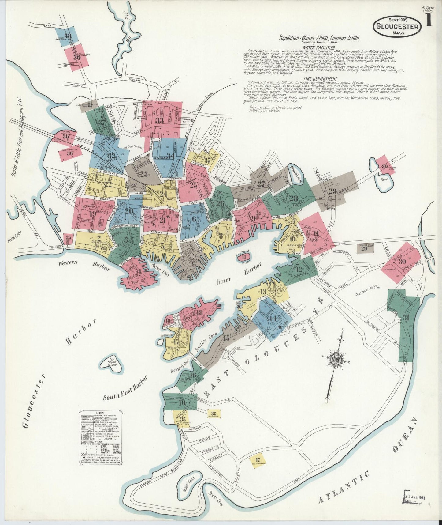 Sanborn Fire Insurance Map from Gloucester, Essex County, Massachusetts (1909), Sheet #0001 - Historic Sanborn Fire Insurance Map Print, vintage old map wall art, antique decor, genealogy gift, Massachusetts Massachusetts map