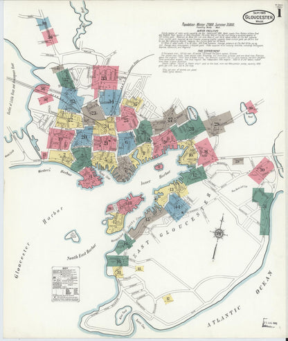 Sanborn Fire Insurance Map from Gloucester, Essex County, Massachusetts (1909), Sheet #0001 - Historic Sanborn Fire Insurance Map Print, vintage old map wall art, antique decor, genealogy gift, Massachusetts Massachusetts map