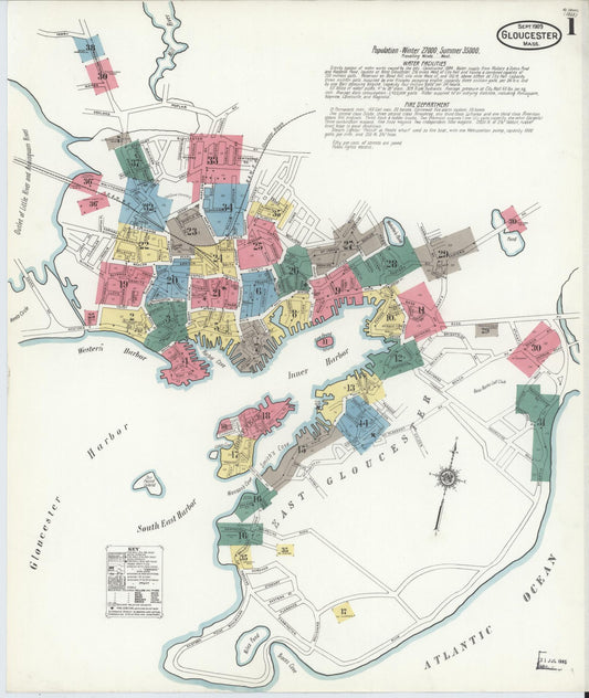 Sanborn Fire Insurance Map from Gloucester, Essex County, Massachusetts (1909), Sheet #0001 - Historic Sanborn Fire Insurance Map Print, vintage old map wall art, antique decor, genealogy gift, Massachusetts Massachusetts map