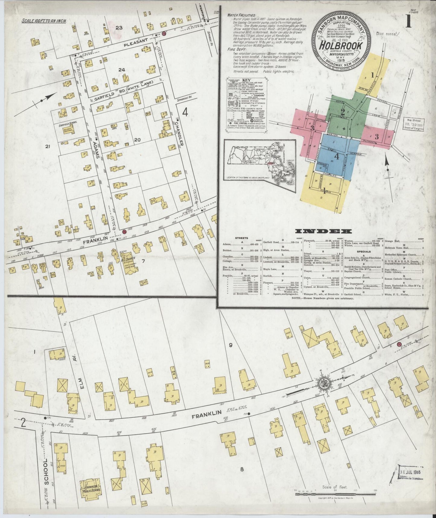 Sanborn Fire Insurance Map from Holbrook, Norfolk County, Massachusetts (1919), Sheet #0001 - Historic Sanborn Fire Insurance Map Print, vintage old map wall art, antique decor, genealogy gift, Massachusetts Massachusetts map