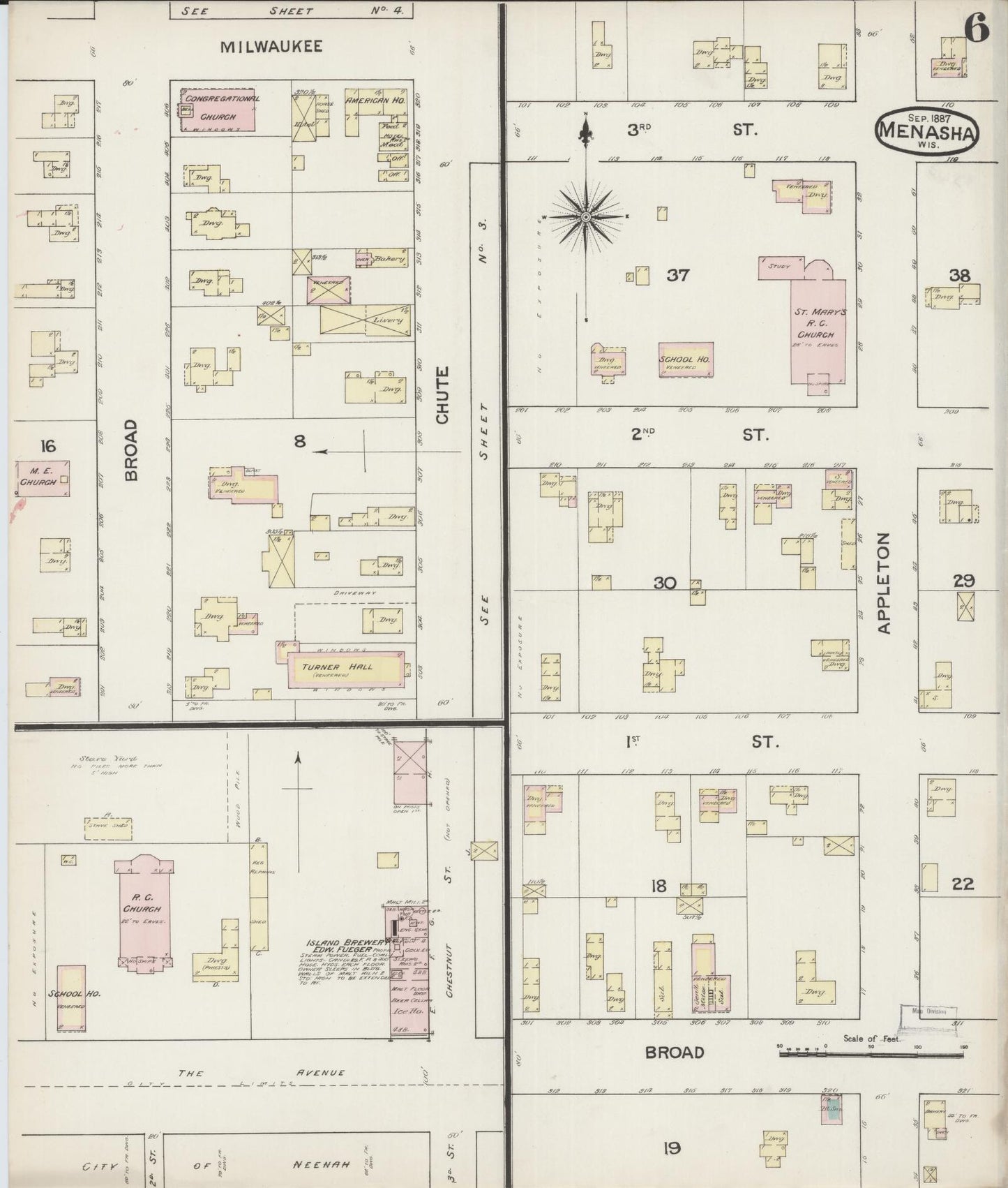 Sanborn Fire Insurance Map from Menasha, Winnebago County, Wisconsin (1887), Sheet #0006 - Historic Sanborn Fire Insurance Map Print, vintage old map wall art, antique decor, genealogy gift, Wisconsin Wisconsin map
