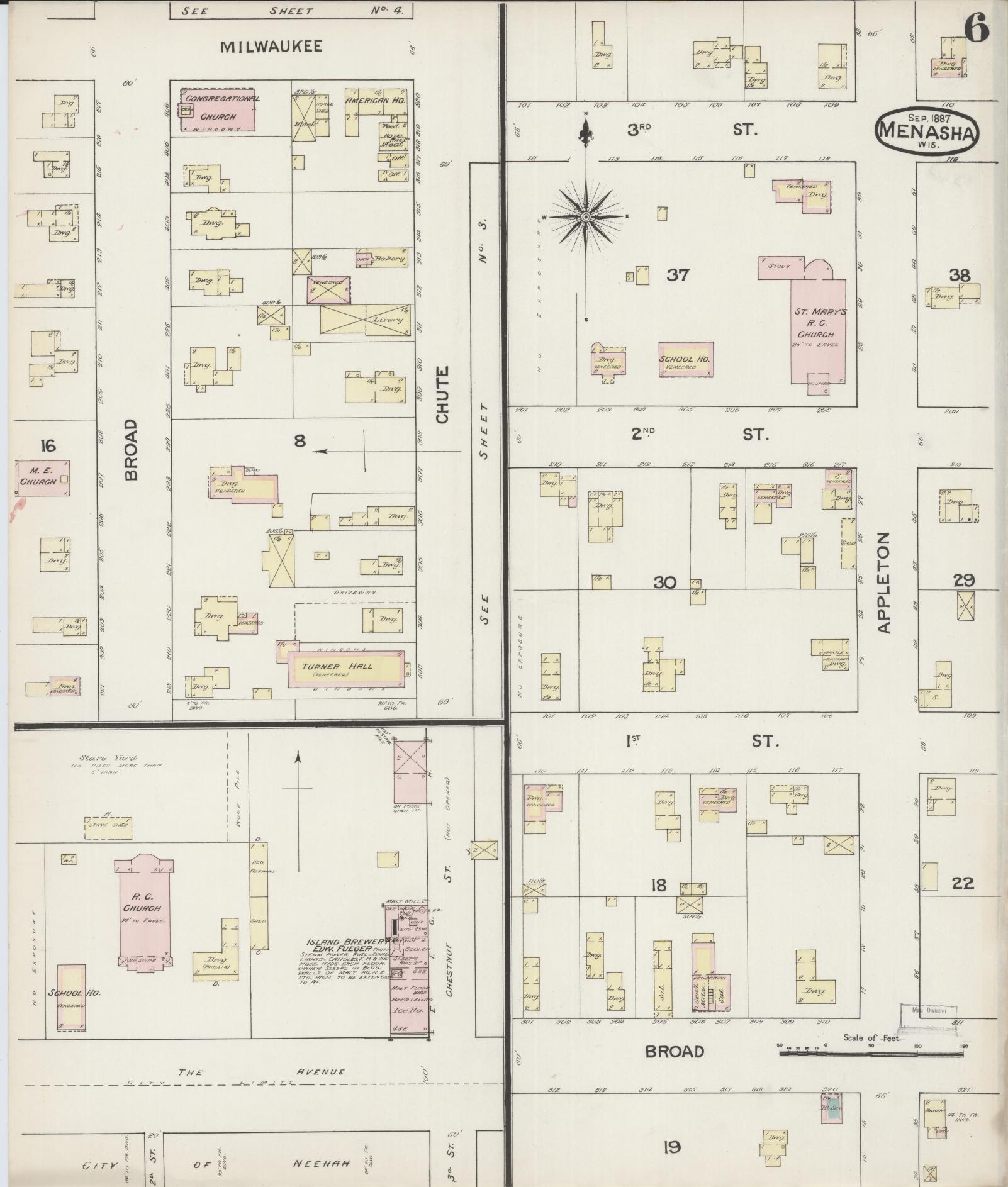 Sanborn Fire Insurance Map from Menasha, Winnebago County, Wisconsin (1887), Sheet #0006 - Historic Sanborn Fire Insurance Map Print, vintage old map wall art, antique decor, genealogy gift, Wisconsin Wisconsin map