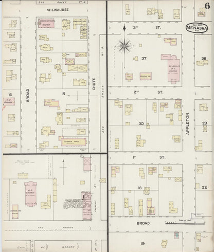 Sanborn Fire Insurance Map from Menasha, Winnebago County, Wisconsin (1887), Sheet #0006 - Historic Sanborn Fire Insurance Map Print, vintage old map wall art, antique decor, genealogy gift, Wisconsin Wisconsin map
