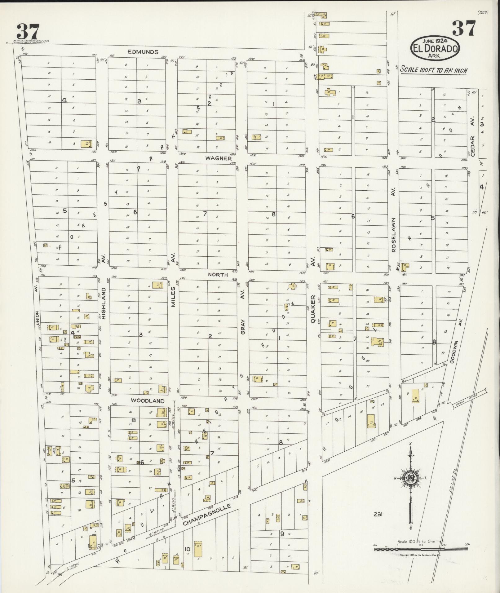 Sanborn Fire Insurance Map from El Dorado, Union County, Arkansas (1924), Sheet #0037 - Complete Map Set gallery image, historic Sanborn map, vintage wall art, Arkansas Arkansas