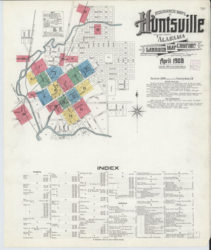 Sanborn Fire Insurance Map from Huntsville, Madison County, Alabama (1908), Sheet #0001 - Complete Map Set gallery image, historic Sanborn map, vintage wall art, Alabama Alabama