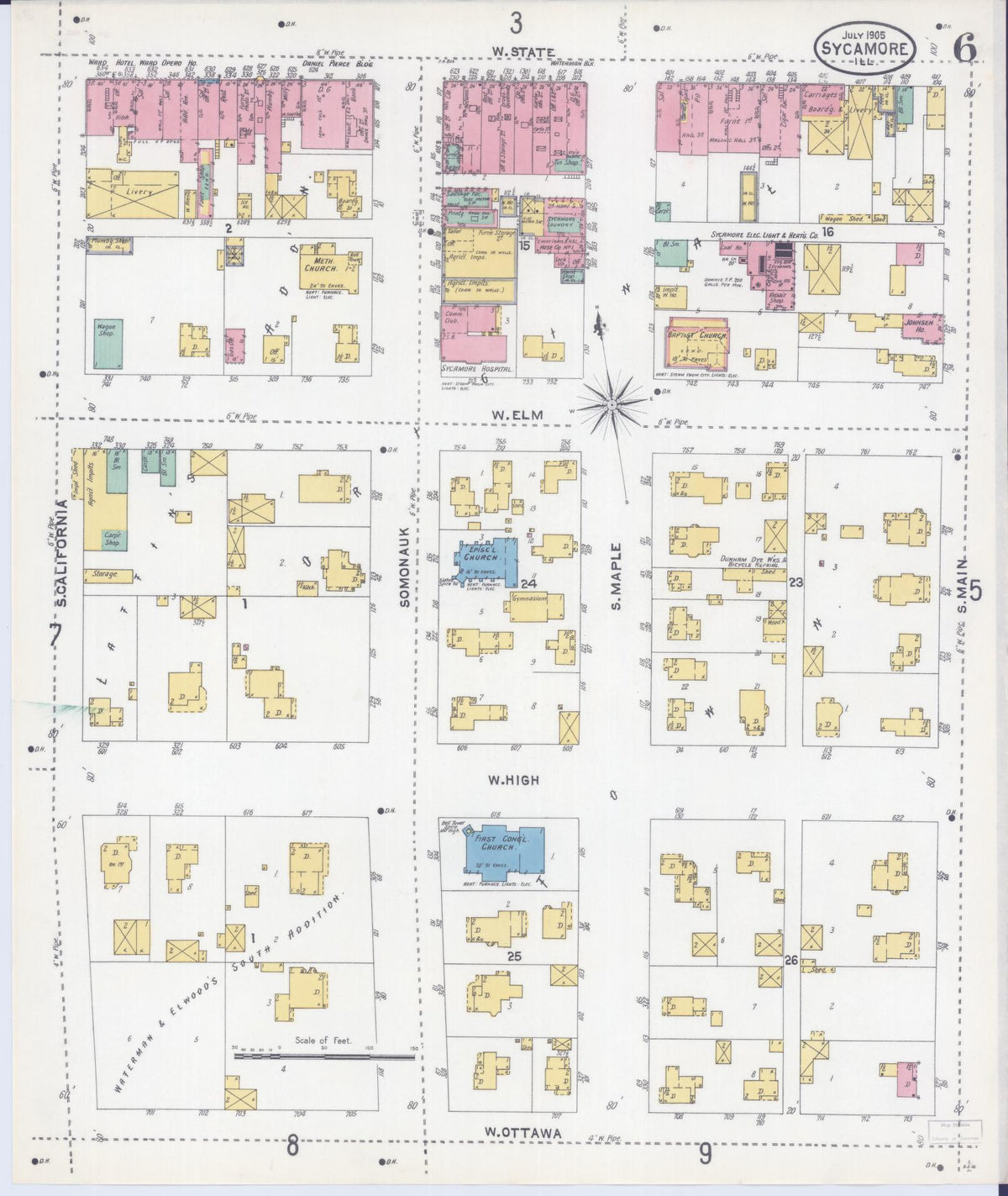 Sanborn Fire Insurance Map from Sycamore, De Kalb County, Illinois (1905), Sheet #0006 - Complete Map Set gallery image, historic Sanborn map, vintage wall art, Illinois Illinois