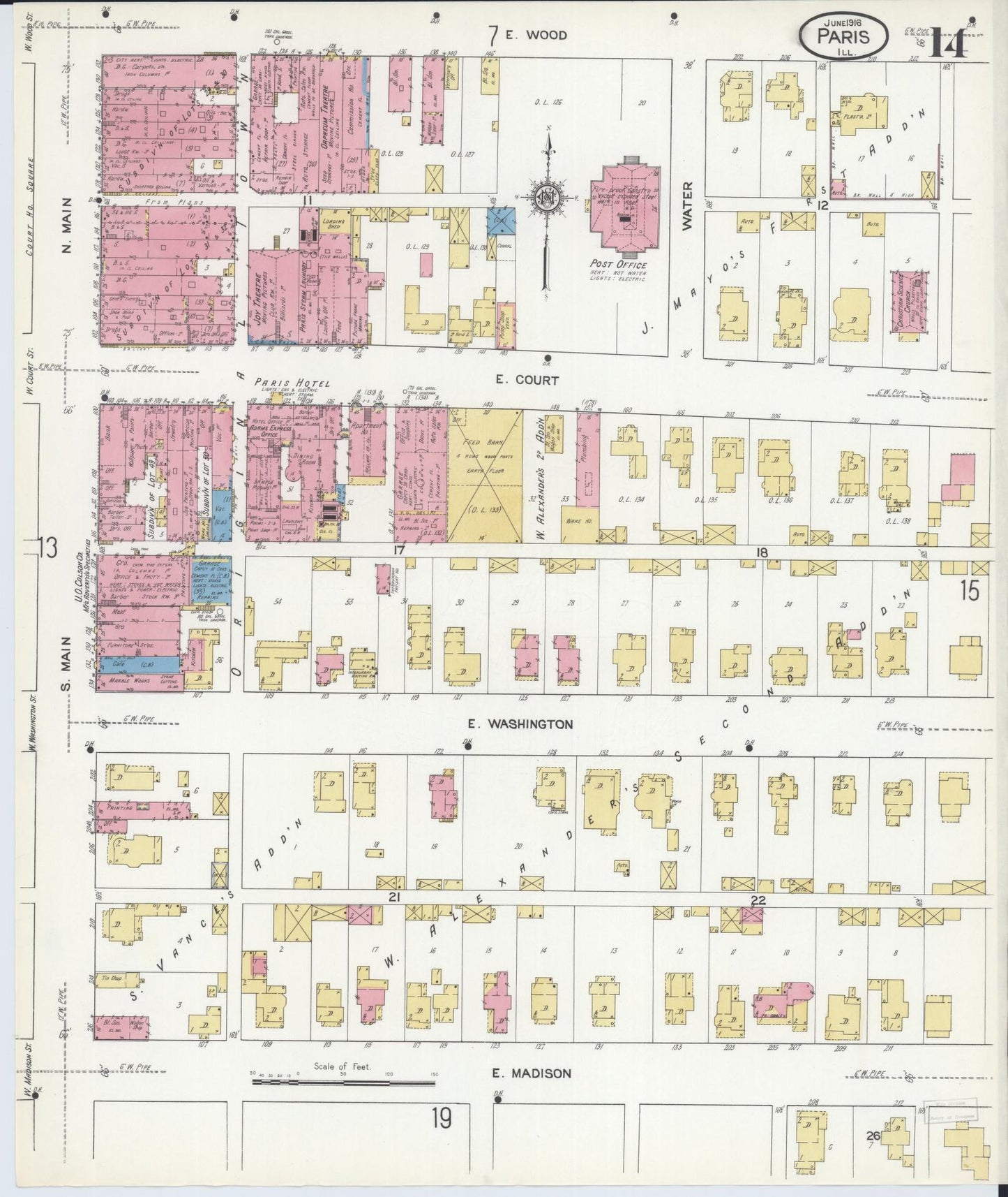 Sanborn Fire Insurance Map from Paris, Edgar County, Illinois (1916), Sheet #0014 - Complete Map Set gallery image, historic Sanborn map, vintage wall art, Illinois Illinois