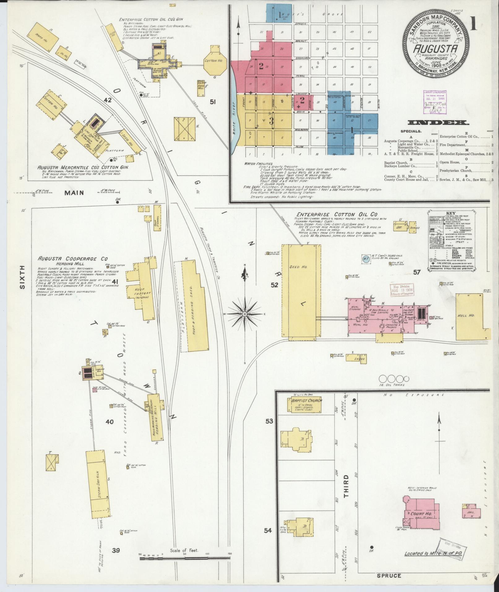 Sanborn Fire Insurance Map from Augusta, Woodruff County, Arkansas (1908), Sheet #0001 - Complete Map Set gallery image, historic Sanborn map, vintage wall art, Arkansas Arkansas