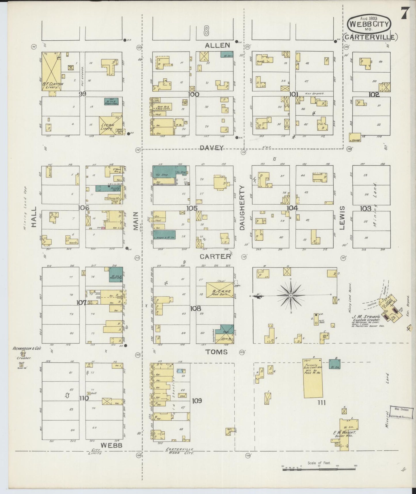 Sanborn Fire Insurance Map from Webb City, Jasper County, Missouri (1893), Sheet #0007 - Historic Sanborn Fire Insurance Map Print, vintage old map wall art, antique decor, genealogy gift, Missouri Missouri map