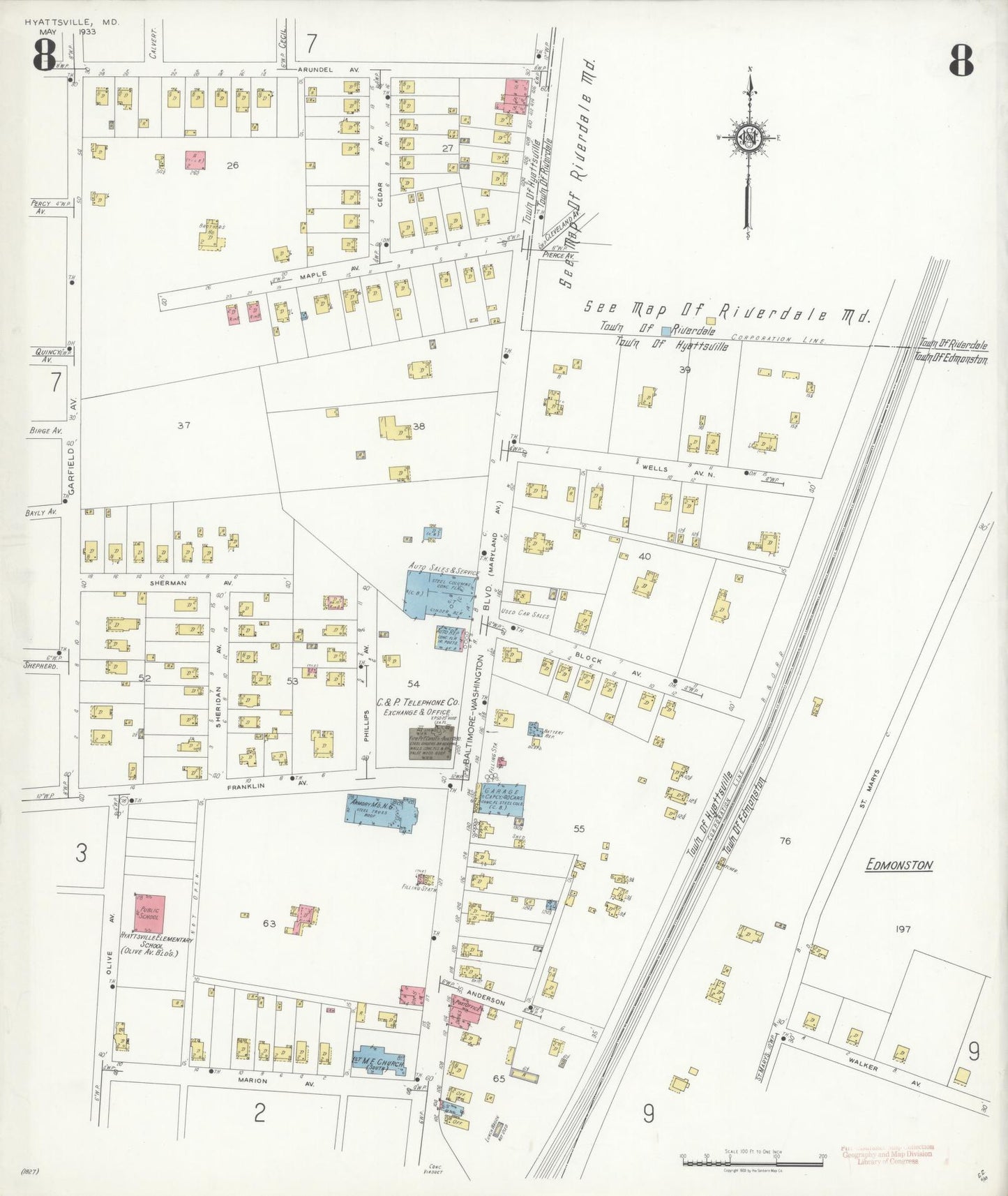 Sanborn Fire Insurance Map from Hyattsville, Prince Georges County, Maryland (1933), Sheet #0008 - Complete Map Set gallery image, historic Sanborn map, vintage wall art, Maryland Maryland