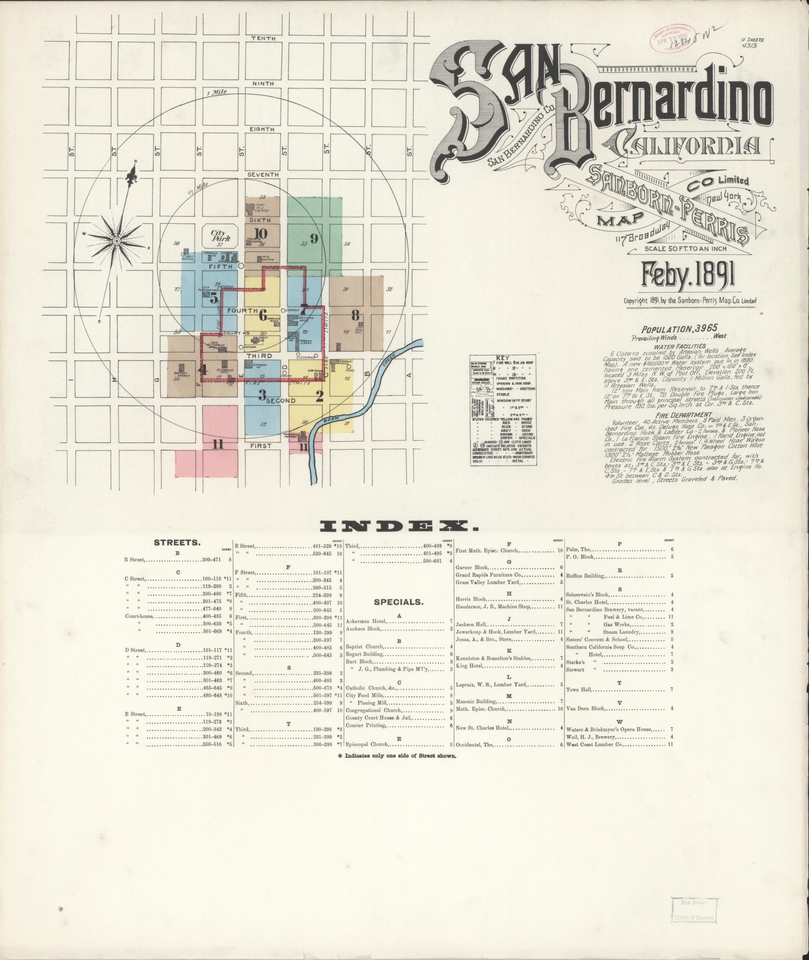 Sanborn Fire Insurance Map from San Bernardino, San Bernardino County, California (1891), Sheet #0001 - Complete Map Set gallery image, historic Sanborn map, vintage wall art, California California
