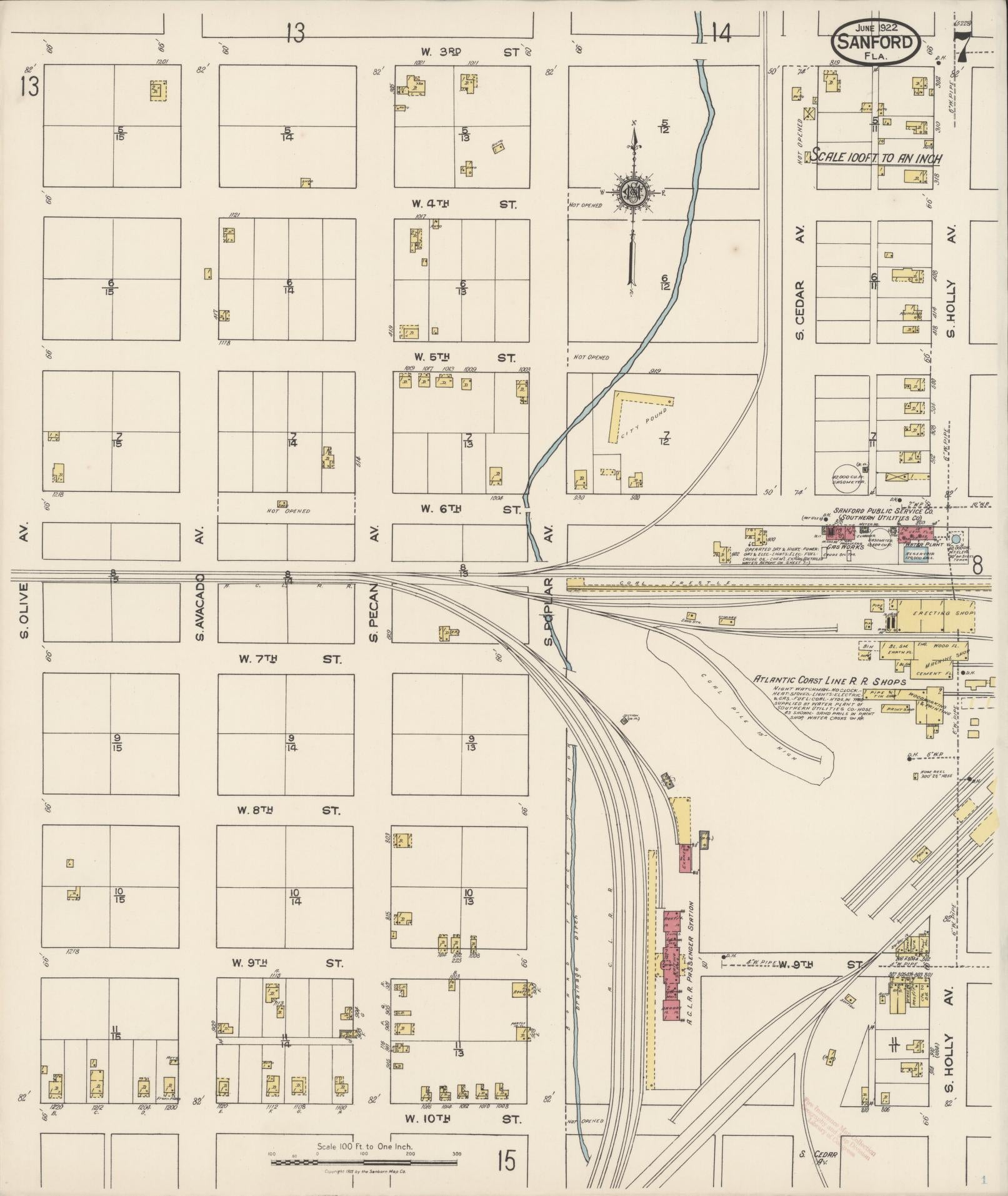 Sanborn Fire Insurance Map from Sanford, Seminole County, Florida (1922), Sheet #0007 - Historic Sanborn Fire Insurance Map Print, vintage old map wall art, antique decor, genealogy gift, Florida Florida map