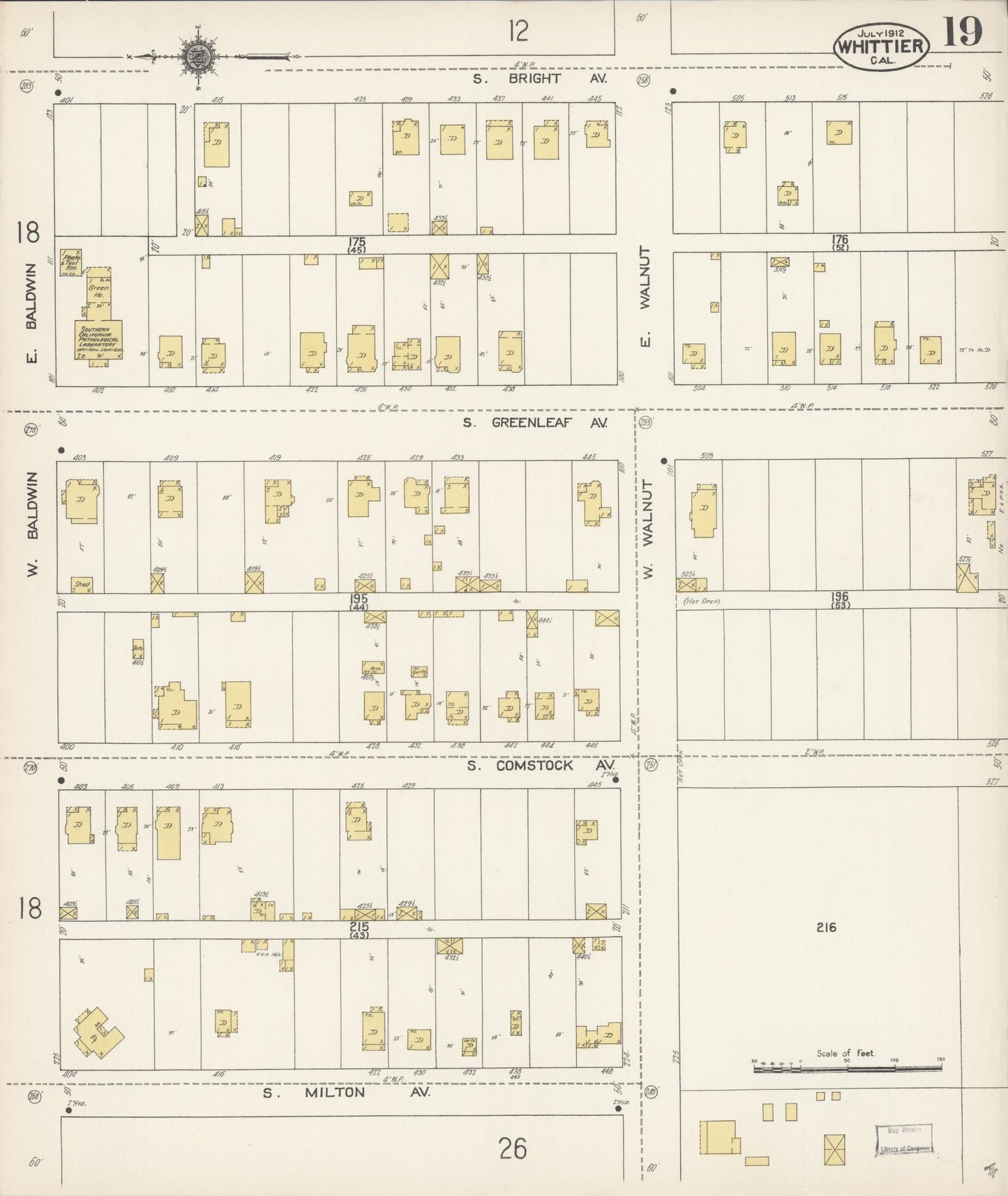 Sanborn Fire Insurance Map from Whittier, Los Angeles County, California (1912), Sheet #0019 - Complete Map Set gallery image, historic Sanborn map, vintage wall art, California California