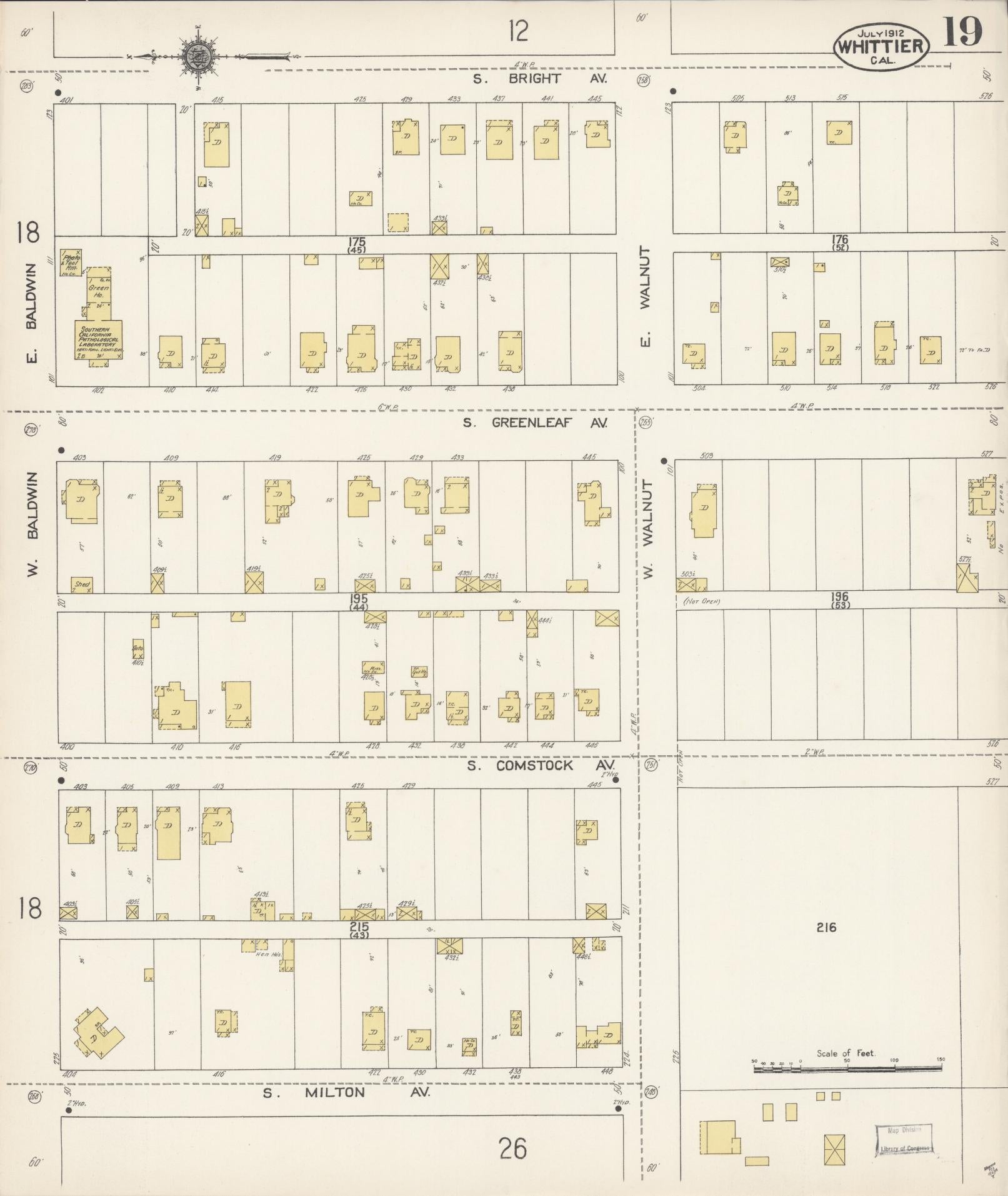 Sanborn Fire Insurance Map from Whittier, Los Angeles County, California (1912), Sheet #0019 - Complete Map Set gallery image, historic Sanborn map, vintage wall art, California California